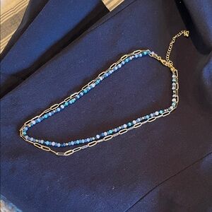 Double Strand Gold Chain Necklace with Blue Beads
